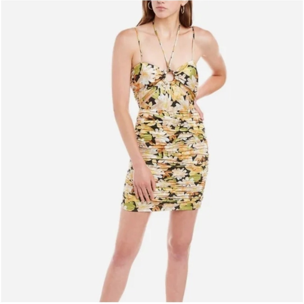 Finders Keepers NWT Lamour Dress Black Yellow Sunflower Floral Ruched Mini XS